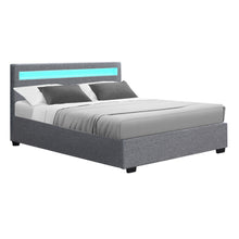 Load image into Gallery viewer, LED Fabric Gas Lift Storage Grey Double Bed Frame