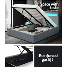 Load image into Gallery viewer, LED Fabric Gas Lift Storage Grey Double Bed Frame