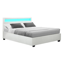 Load image into Gallery viewer, LED PU Leather Gas Lift with Storage White Double Bed Frame