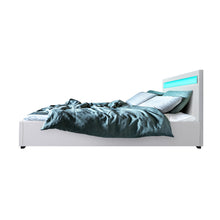 Load image into Gallery viewer, LED PU Leather Gas Lift with Storage White Double Bed Frame
