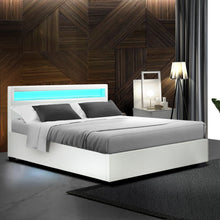 Load image into Gallery viewer, LED PU Leather Gas Lift with Storage White Double Bed Frame