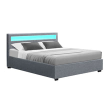 Load image into Gallery viewer, Artiss Cole LED Bed Frame Fabric Gas Lift Storage - Grey Queen