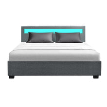 Load image into Gallery viewer, Artiss Cole LED Bed Frame Fabric Gas Lift Storage - Grey Queen