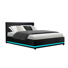 Load image into Gallery viewer, Lumi LED PU Leather Gas Lift with Storage Black Double Bed Framev