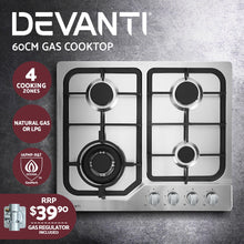 Load image into Gallery viewer, Devanti Gas Cooktop 60cm Gas Stove Cooker 4 Burner Cook Top Konbs NG LPG Steel