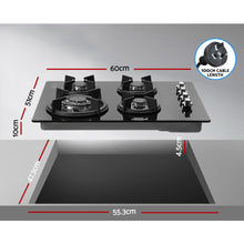 Load image into Gallery viewer, Devanti Gas Cooktop 60cm 4 Burner Glass Cook Top Cooker Stove Hob NG LPG Black