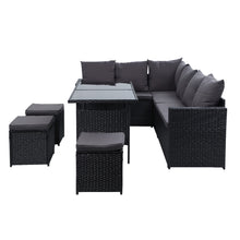 Load image into Gallery viewer, Gardeon Outdoor Furniture Dining Setting Sofa Set Wicker 9 Seater Storage Cover Black