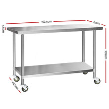 Load image into Gallery viewer, 1524 x 610mm 304 Stainless Steel Kitchen Work Bench Food Prep Table with Wheels