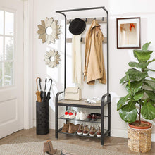 Load image into Gallery viewer, Greige and Black Steel Freestanding Coat Rack Stand with Removable Hooks, Bench and Shoe Rack, Height 183 cm