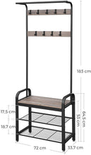 Load image into Gallery viewer, Greige and Black Steel Freestanding Coat Rack Stand with Removable Hooks, Bench and Shoe Rack, Height 183 cm