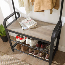Load image into Gallery viewer, Greige and Black Steel Freestanding Coat Rack Stand with Removable Hooks, Bench and Shoe Rack, Height 183 cm
