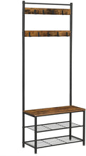 Load image into Gallery viewer, Rustic Brown Coat Rack Stand with Hallway Shoe Rack and Bench with Shelves Matte Metal Frame Height 175 cm