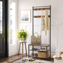 Load image into Gallery viewer, Rustic Brown Coat Rack Stand with Hallway Shoe Rack and Bench with Shelves Matte Metal Frame Height 175 cm