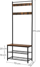 Load image into Gallery viewer, Rustic Brown Coat Rack Stand with Hallway Shoe Rack and Bench with Shelves Matte Metal Frame Height 175 cm