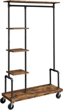Load image into Gallery viewer, Clothing Garment Rack on Wheels with 5-Tier, Industrial Pipe Style, Rustic Brown