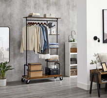 Load image into Gallery viewer, Clothing Garment Rack on Wheels with 5-Tier, Industrial Pipe Style, Rustic Brown