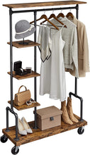 Load image into Gallery viewer, Clothing Garment Rack on Wheels with 5-Tier, Industrial Pipe Style, Rustic Brown