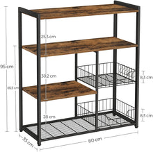 Load image into Gallery viewer, Baker's Rack with 2 Metal Mesh Baskets, Shelves and Hooks, 80 x 35 x 95 cm, Industrial Style, Rustic Brown