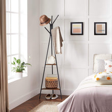 Load image into Gallery viewer, Black Coat Rack Stand Industrial Style 2 Shelves Clothes