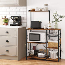 Load image into Gallery viewer, Kithcen Baker's Rack with Shelves Microwave Stand with Wire Basket and 6 S-Hooks Rustic Brown