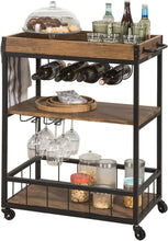 Load image into Gallery viewer, Industrial Vintage Style Wood Metal 3 Tiers Kitchen Serving Trolley with Wine Rack (Brown)