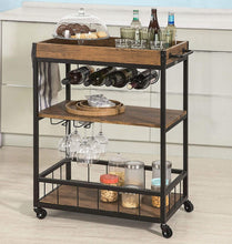 Load image into Gallery viewer, Industrial Vintage Style Wood Metal 3 Tiers Kitchen Serving Trolley with Wine Rack (Brown)