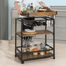 Load image into Gallery viewer, Industrial Vintage Style Wood Metal 3 Tiers Kitchen Serving Trolley with Wine Rack (Brown)
