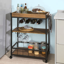 Load image into Gallery viewer, Industrial Vintage Style Wood Metal 3 Tiers Kitchen Serving Trolley with Wine Rack (Brown)