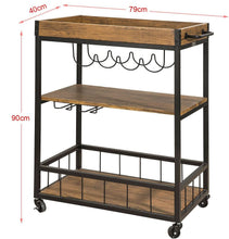 Load image into Gallery viewer, Industrial Vintage Style Wood Metal 3 Tiers Kitchen Serving Trolley with Wine Rack (Brown)