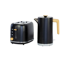 Load image into Gallery viewer, 1.7L Kitchen Kettle and 2-Slice Bread Toaster Set in Black with Wood Accents