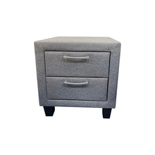 Load image into Gallery viewer, 4 Pieces Storage Bedroom Suite Upholstery Fabric in Light Grey with Base Drawers Queen Size Oak Colour Bed, Bedside Table & Tallboy