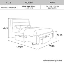 Load image into Gallery viewer, 4 Pieces Storage Bedroom Suite Upholstery Fabric in Light Grey with Base Drawers Queen Size Oak Colour Bed, Bedside Table & Tallboy