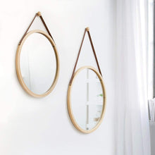 Load image into Gallery viewer, CARLA HOME Hanging Round Wall Mirror 45 cm - Solid Bamboo Frame and Adjustable Leather Strap for Bathroom and Bedroom
