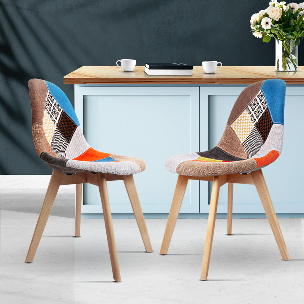 Retro Beech Fabric Multi Colour Dining Chair - Set of 2