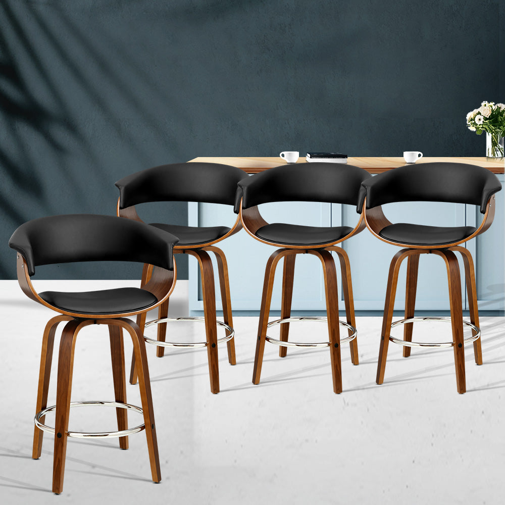 Set of 4 Swivel PU Leather Bar Stool - Wood and Black