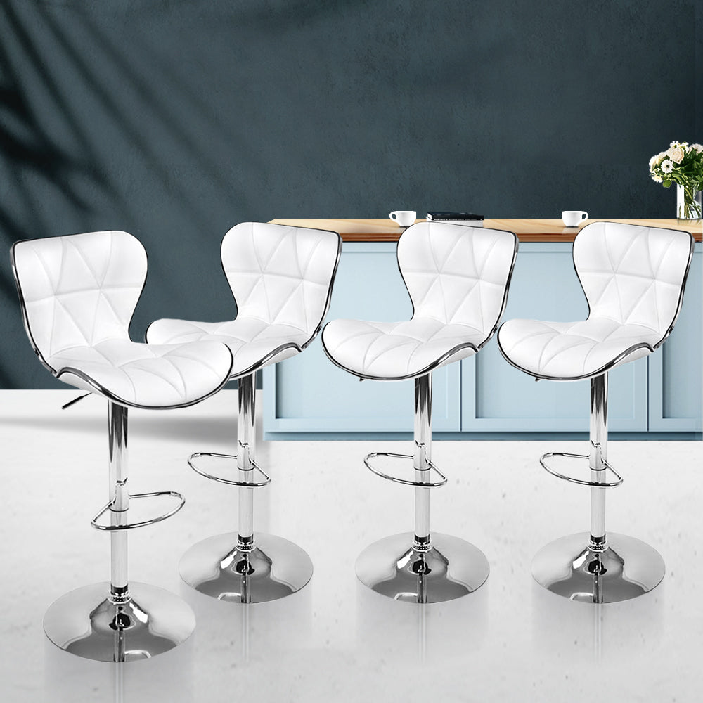 Set of 4 PU Leather Patterned Bar Stools - White and Chrome