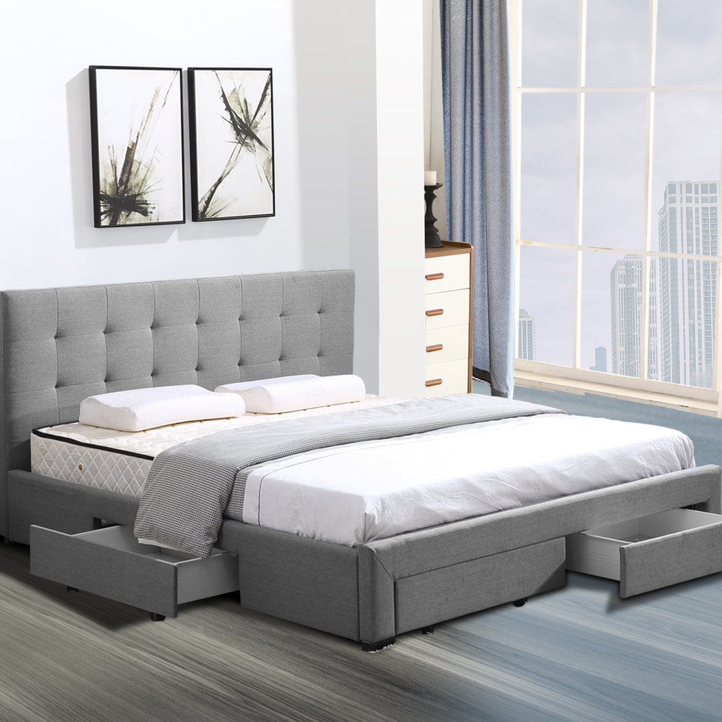 Elegant Space Saving Wooden with Drawers Fabric Cover Queen Size Grey Bed Frame
