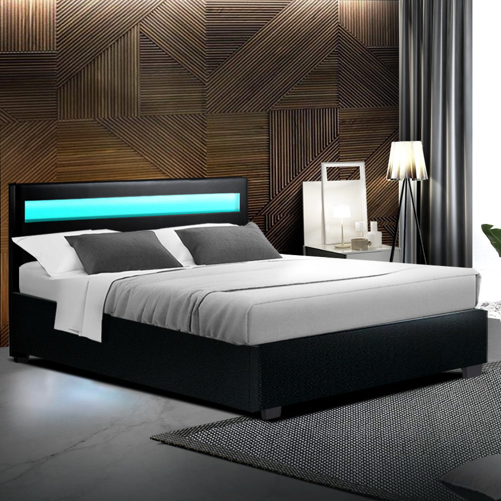 LED PU Leather Gas Lift with Storage Black Double Bed Frame