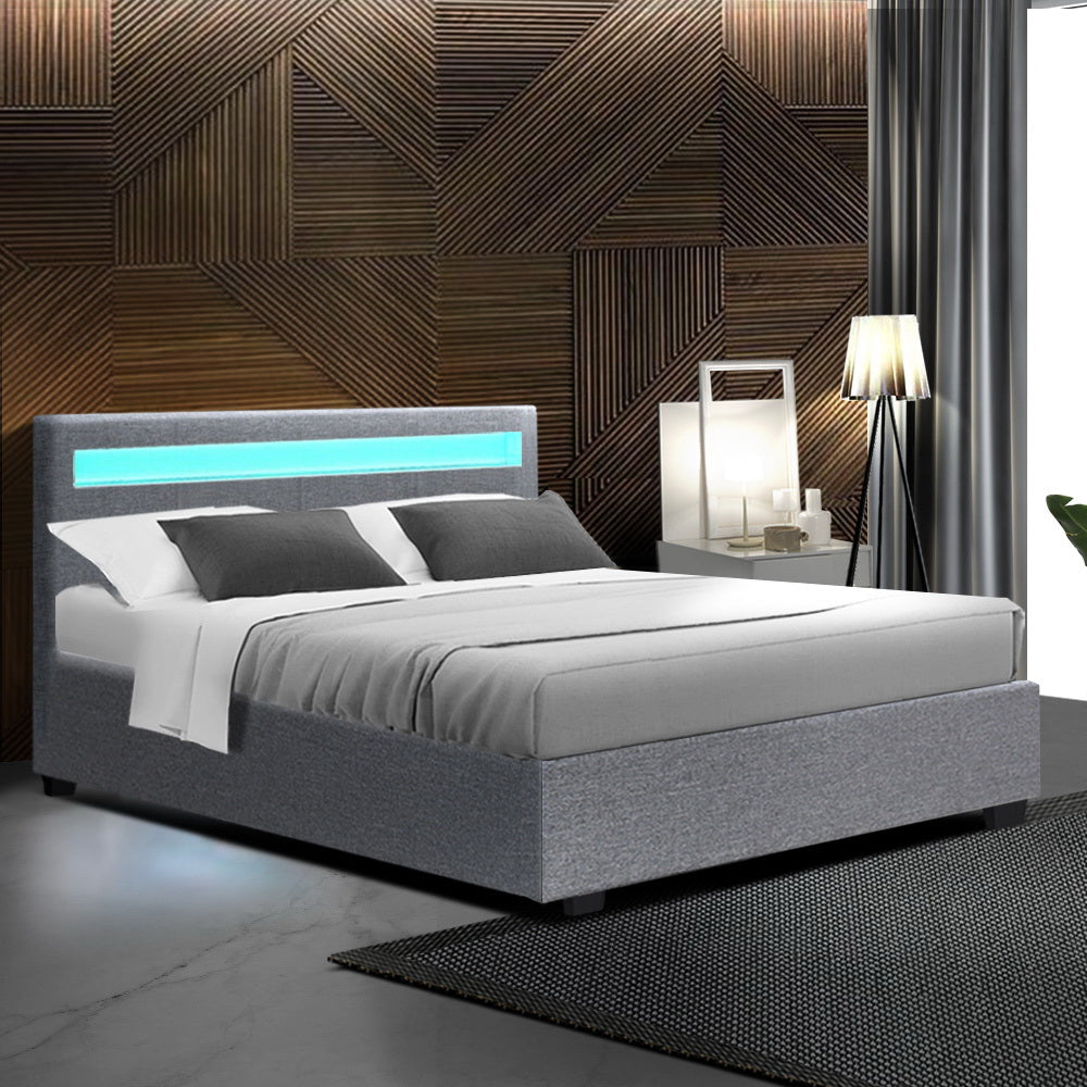LED Fabric Gas Lift Storage Grey Double Bed Frame