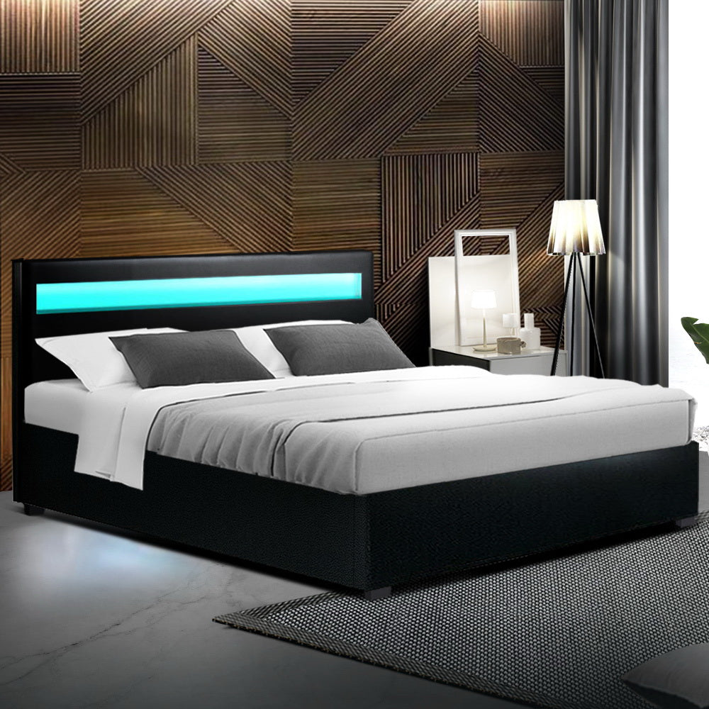 LED PU Leather Gas Lift with Storage Black Queen Bed Frame
