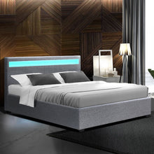 Load image into Gallery viewer, Artiss Cole LED Bed Frame Fabric Gas Lift Storage - Grey Queen
