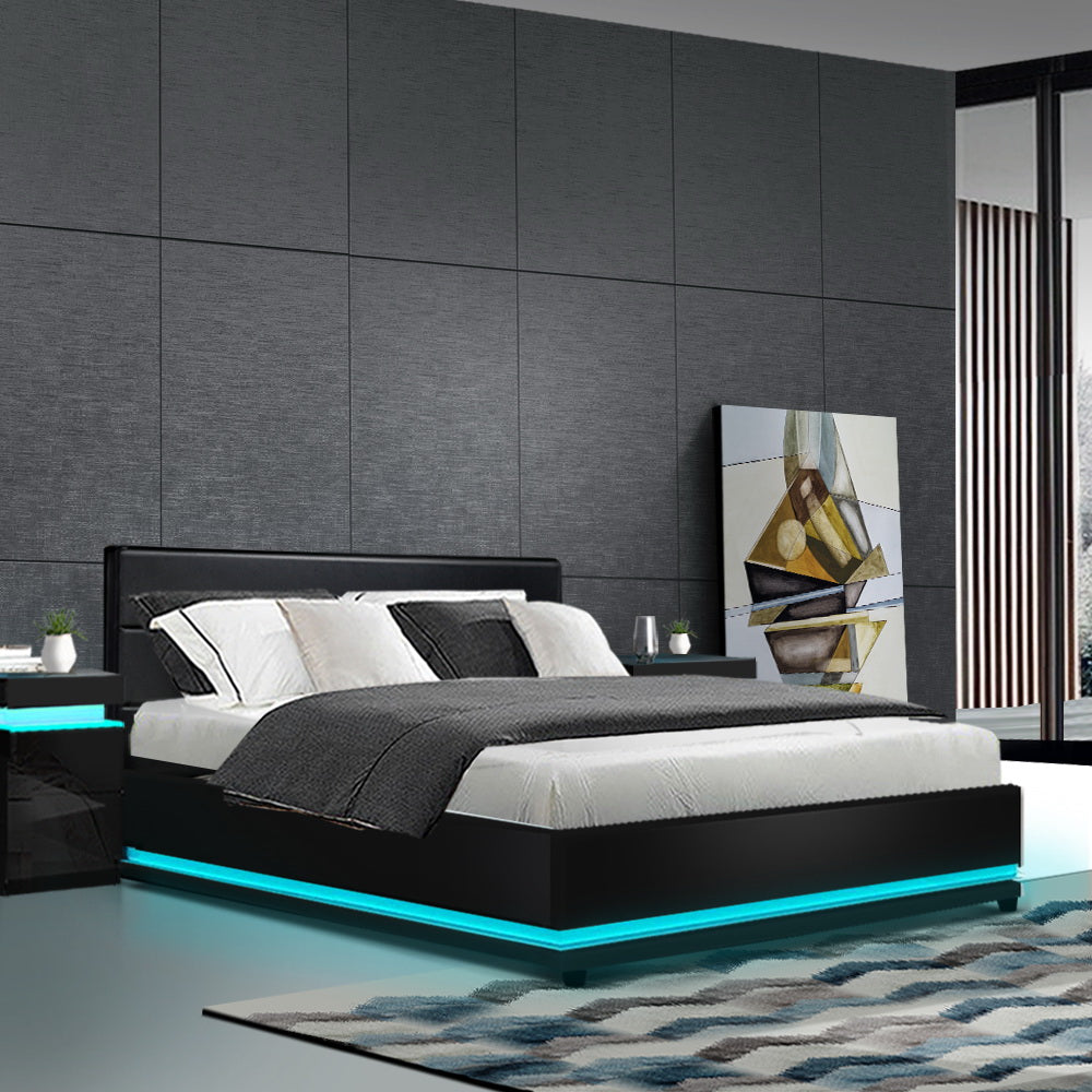Lumi LED PU Leather Gas Lift with Storage Black Double Bed Framev