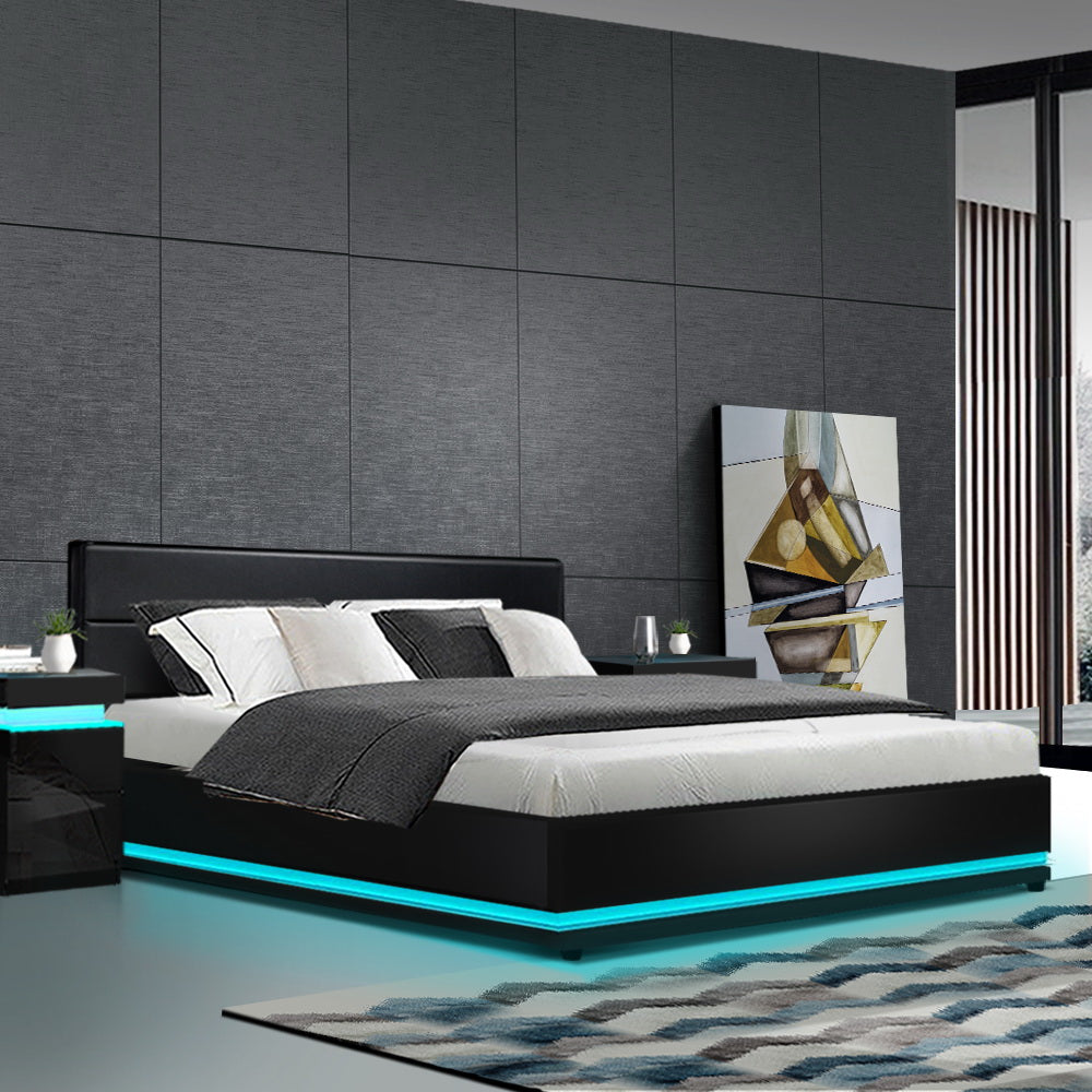 Lumi LED PU Leather Gas Lift with Storage Black King Bed Frame