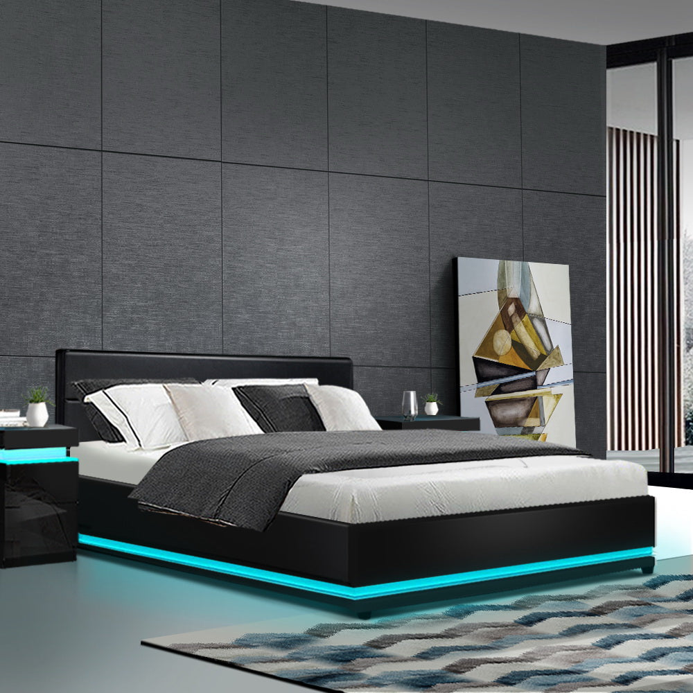 Lumi LED PU Leather Gas Lift with Storage Black Queen Bed Frame
