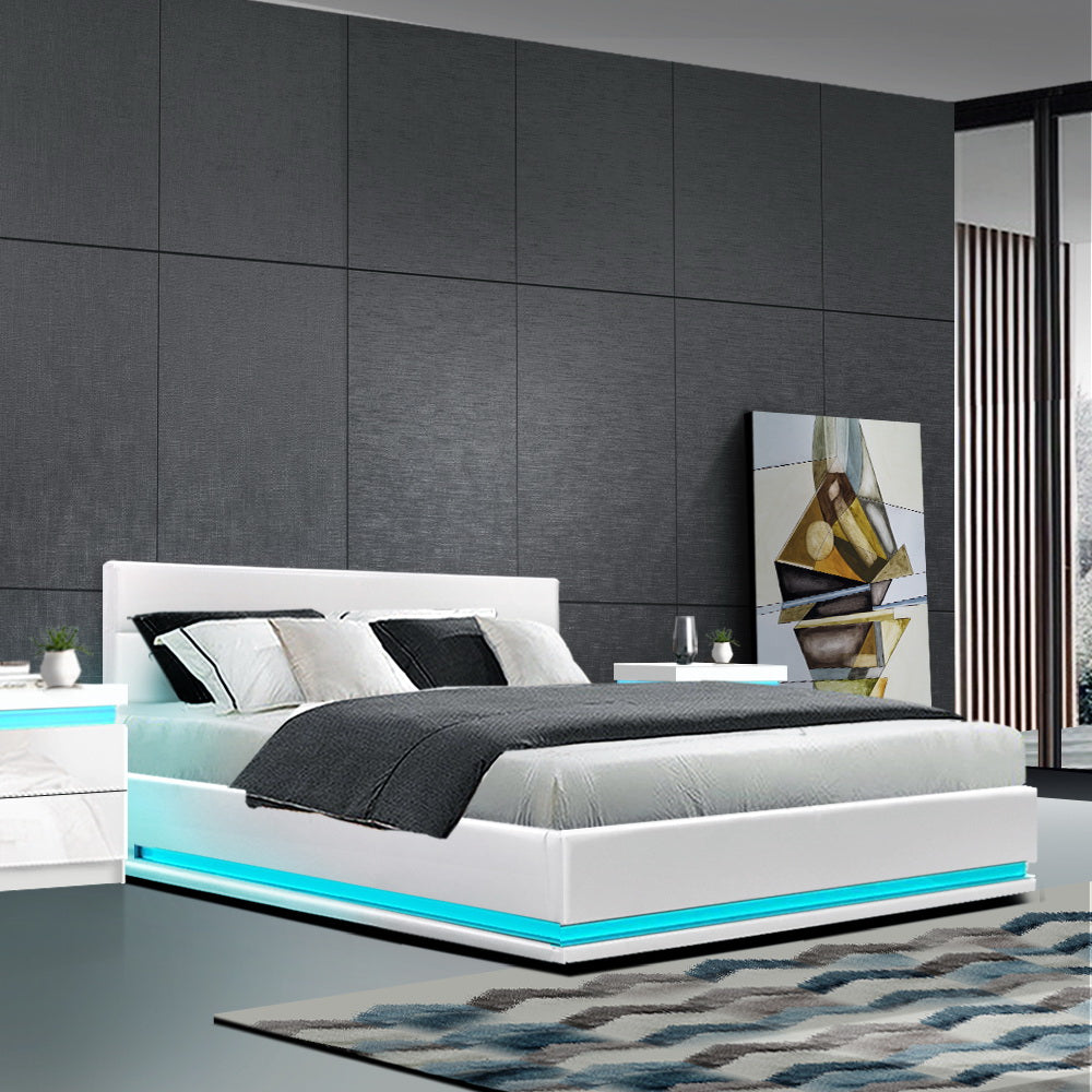 Lumi LED PU Leather Gas Lift with Storage White Queen Bed Frame