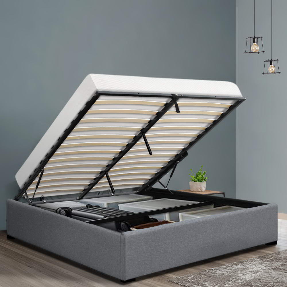 Queen Size Gas Lift  Base With Storage Fabric Bed Frame