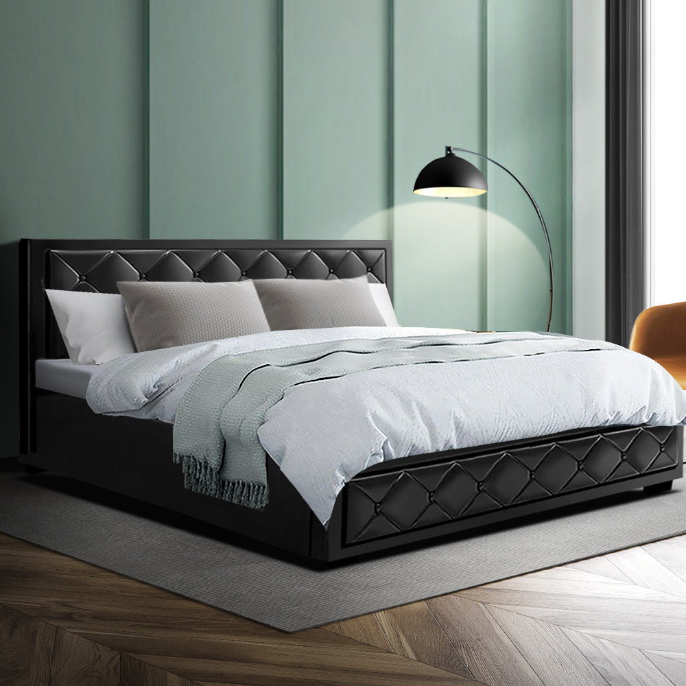 PU Leather Gas Lift with Storage Black King Bed Frame