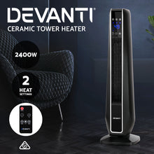 Load image into Gallery viewer, Devanti Electric Ceramic Tower Fan Heater Portable Oscillating Remote Control 2400W Black
