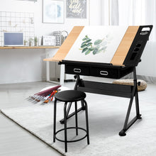 Load image into Gallery viewer, Artiss Tilt Drafting Table Stool Set - Natural &amp; Black
