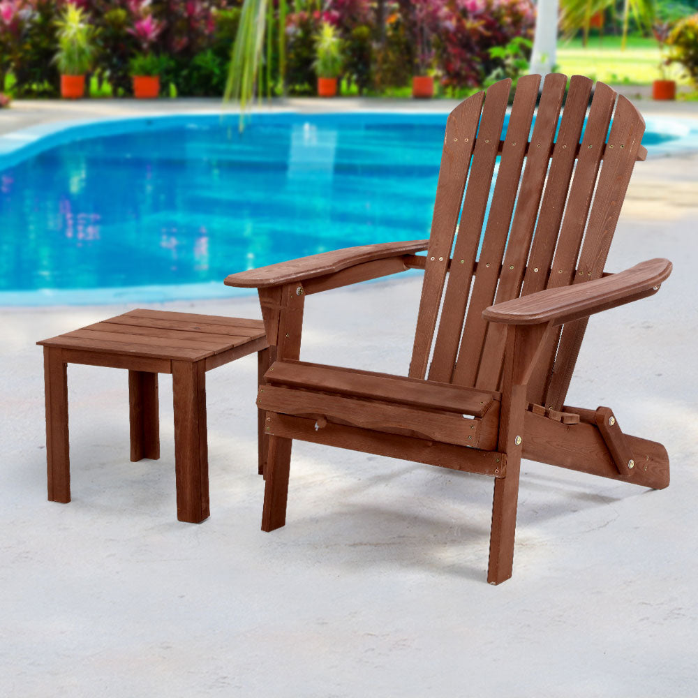 2PC Foldable Outdoor Wooden Adirondack Lounge Chairs Table Set